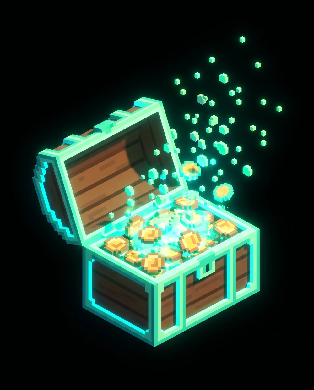 Pixel-art treasure vault overflowing with glowing coins